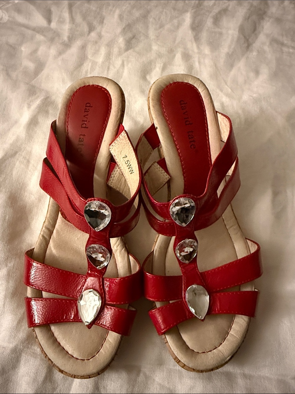 David Tate Red Leather Jeweled Slide Sandals